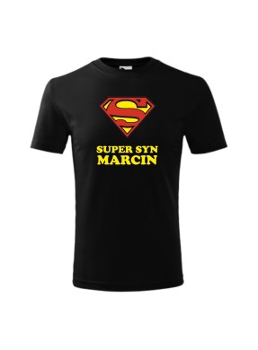 Koszulka dziecięca SUPER SYN
 Kolor koszulki-Biały Rozmiar dziecięcy-146 cm